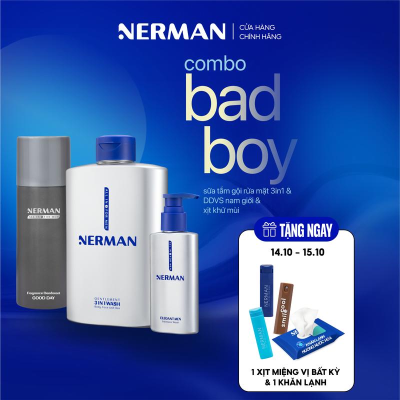 [Mua 1 tặng 2] Combo Badboy Nerman - Sữa tắm gội cho nam 350ml & Gel vệ sinh 100ml & Xịt khử mùi toàn thân 100ml Dưỡng Body [tặng 1 xịt miệng vị bất kỳ & 1 khăn lạnh]
