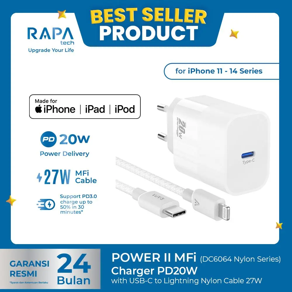 RAPAtech Charger Nylon MFi iPhone 11 12 13 14 15 16 Fast Charging GaN 20W 30W Type C to Lightning Nylon Braided Kabel Adapter iPhone Fast Charging