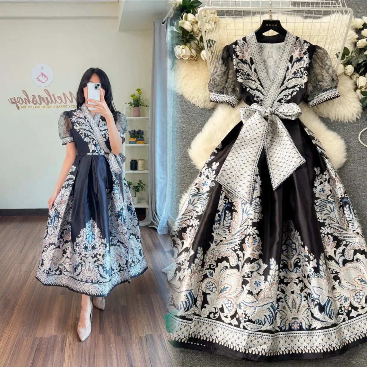 Emma Elegance Kimono Dress Wanita Midi Pesta White/Black/Green Elegant Luxury Korean Style