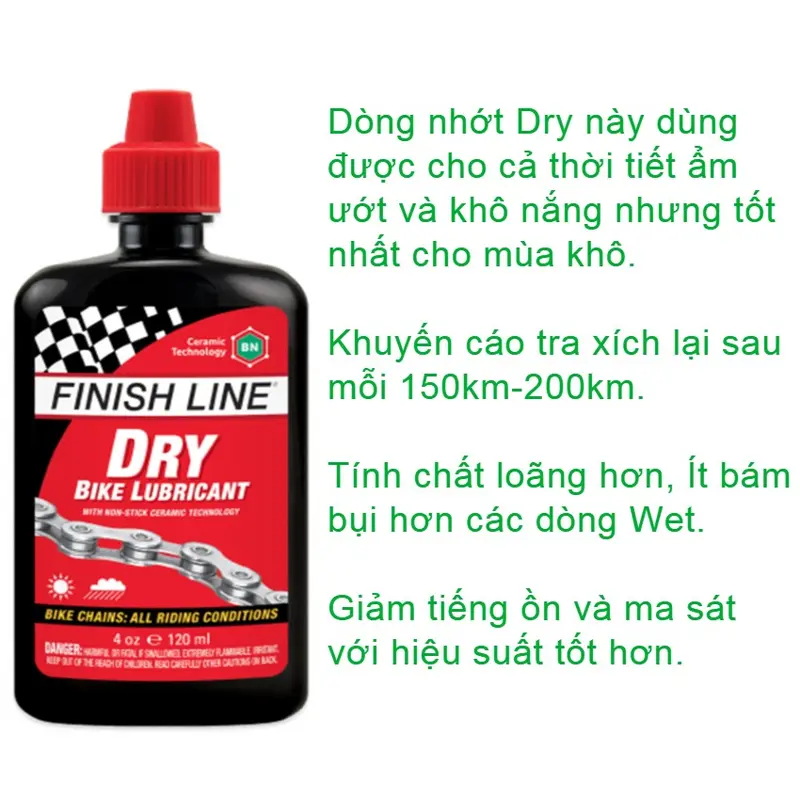[Bác sĩ Xe Đạp] Dầu Tra Sên/Xích Xe Đạp Finish Line 120Ml(Nhiều Loại) Dành Cho Tất Cả Các Dòng Xe Đạp MTB Touring City Bike Giúp Cải Thiện Bộ Truyền Động Êm Mượt Hơn Với Thành Phần TeFlon, Ceramic, Ít Bám Bụi Cho Thời Tiết Ước Khô, Khắt Nghiệt 1
