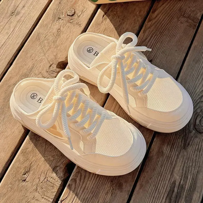 Front half sandals, women's shoes, 2024 new model, breathable, thin mesh surface, thick sole, white casual shoes