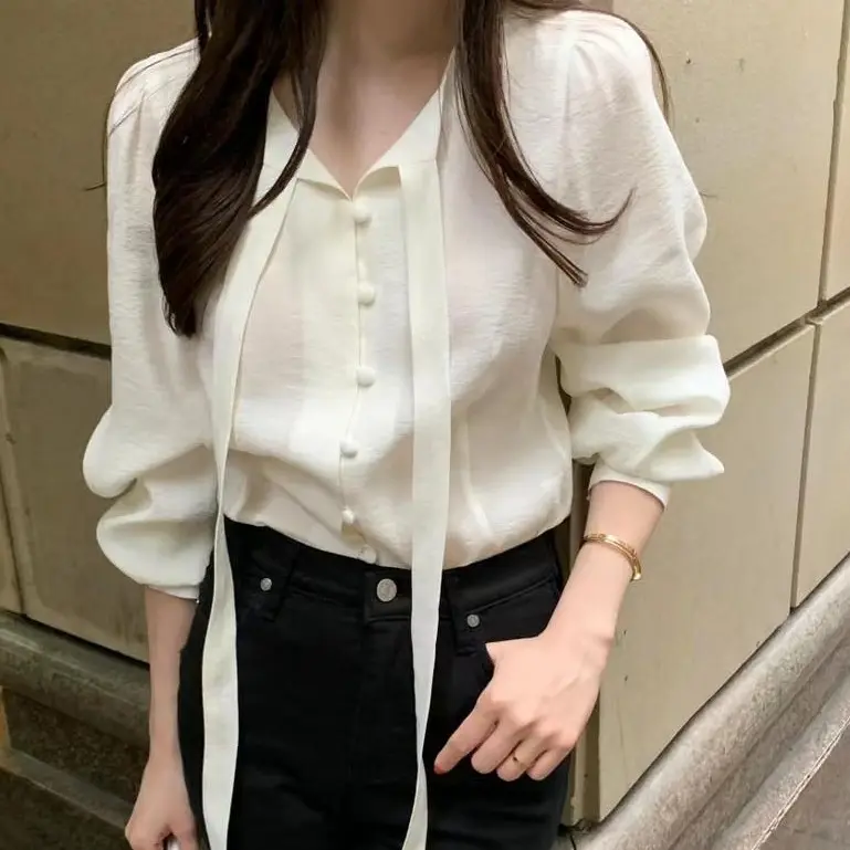 thanh lịch nút áo cánh & áo sơ mi Áo Sơ Mi Nữ Dài Tay Dáng Rộng Buộc Dây Thanh Lịch Cổ Chữ V, Phong Cách Hàn Quốc Mới Mùa Thu, 241005