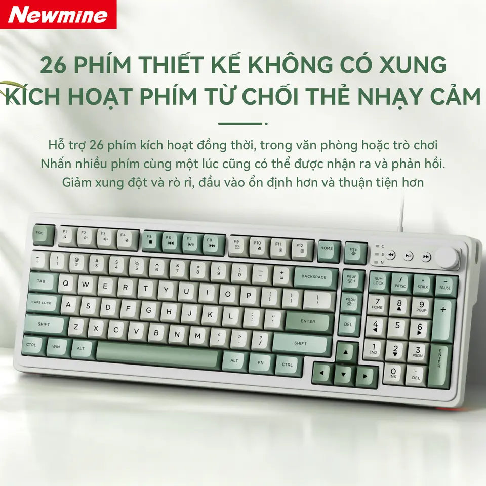 Bàn Phím Newmine 104 Phím Có Dây | Gõ Êm, 26 Phím Không Xung Đột, Núm Xoay Tiện Lợi,Dùng Văn Phòng & Gaming