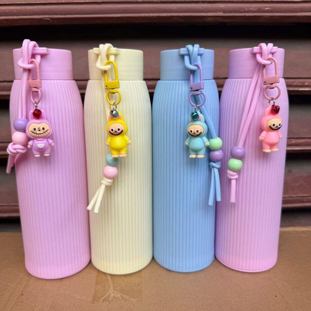 Tumbler / Botol Minum Macaroon Kaca 500mL Bonus Gantungan Boneka Labubu Botol Minum Cantik Viral Lucu Terbaru Tumbler Aesthetic Terlaris