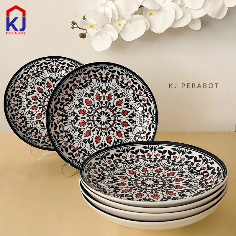 KJ Perabot - White Line Piring 8 inci Bulan 6`S Set Simple Kitchenware 8