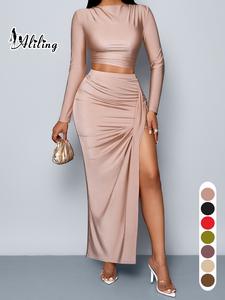 Conjunto de dos piezas Top corto sólido para mujer y falda de muslo dividida acanalada, Top elegante de moda y falda de cintura alta para uso diario al aire libre, ropa de mujer para el verano
