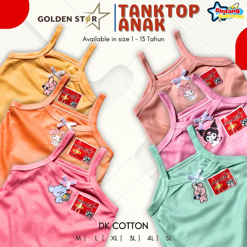 6 pcs singlet kaos dalem anak perempuan karakter labubu bt21, kuromi, cinamoror / tanktop anak lusinan golden Star / tengtop anak perempuan dalaman kaos dalam 5