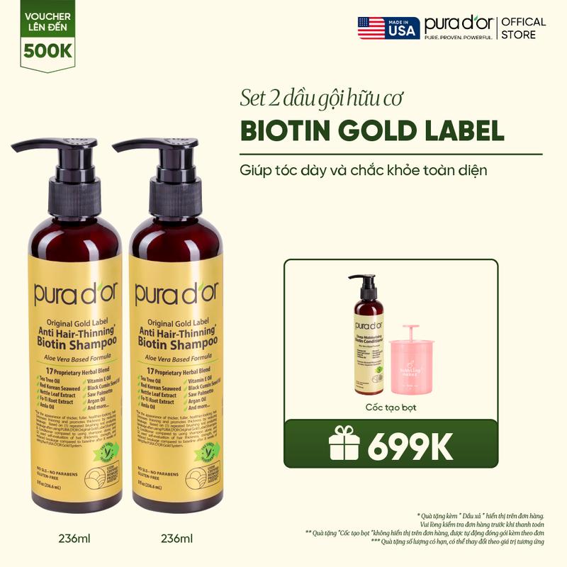 Combo 2 Dầu Gội Giảm Rụng Tóc Organic Pura D'or Biotin Gold Label 236ML | Chăm Sóc Tóc, Chăm Sóc Da Đầu, Dưỡng tóc, Hỗ Trợ Mọc Tóc