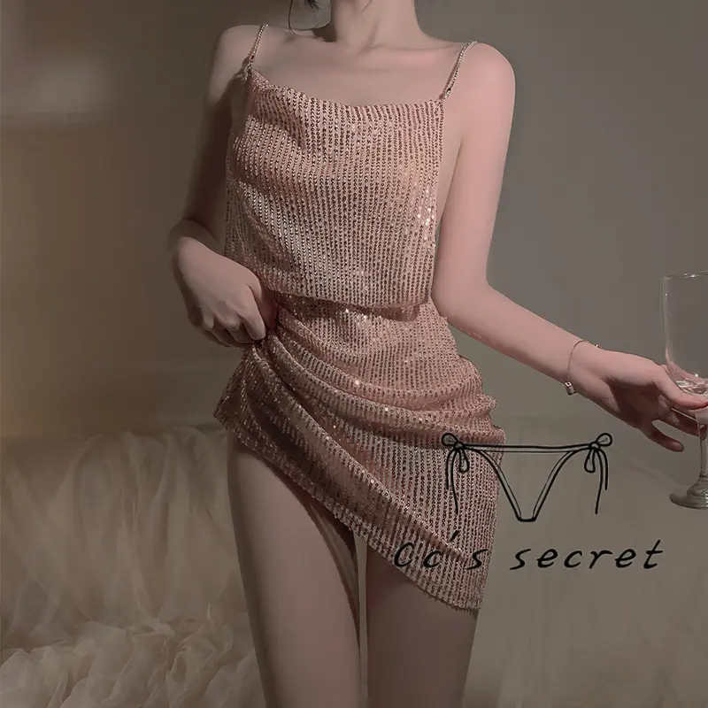 Cc's secret Nightgown Skirt Sexy Hot Sequined Mesh Perspective Metal Chain Sexy Backless Nightgown Set for Women Lingerie Sleeveless Lady Minimalist