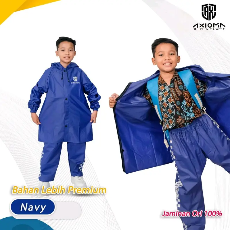 AXIOMA Jas Hujan ANAK Laki-Laki & Perempuan Hitam Bahan PVC Premium Super Tebal Elastis Anti Rembes Setelan Baju & Celana Size XS-XXL 1