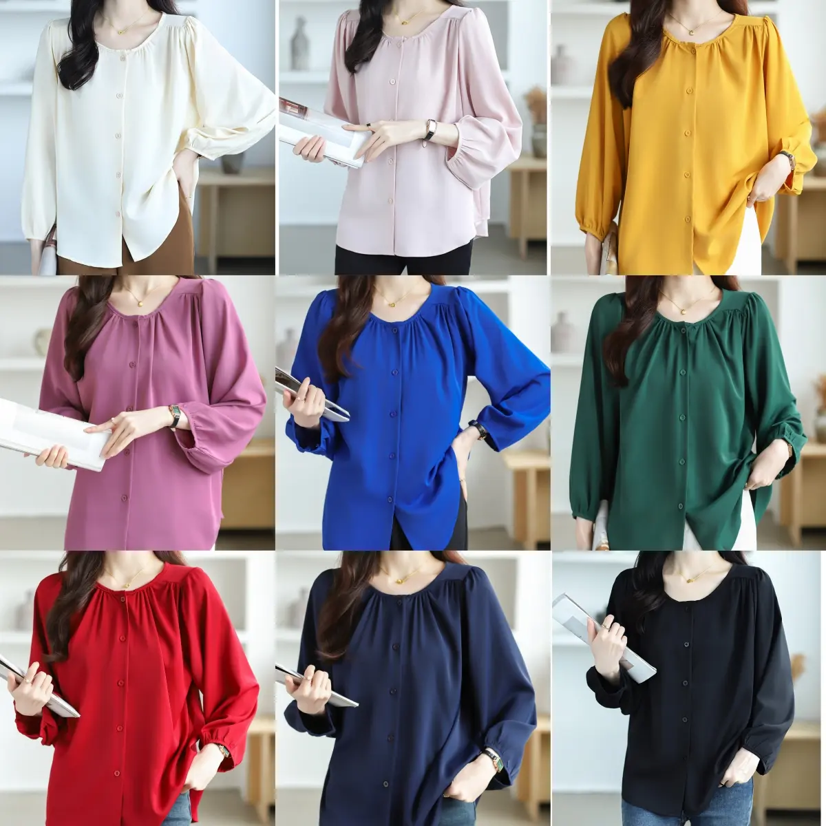 Kemeja Leher Bulat Polos Lengan Panjang Sifon, Untuk Wanita, Pelbagai Warna, Versi Lanjutan, Longgar, Baju Bersaiz Besar