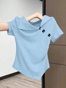 Camiseta casual elegante de verano para mujer con lazo asimétrico decorativo, top de moda para dama, perfecta para uso diario