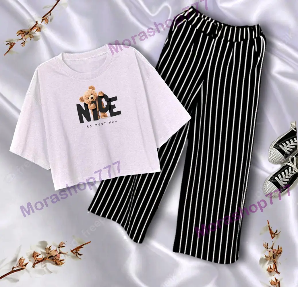 Setelan Crop Oversize Anak Remaja Celana Kulot Salur 9-16Tahun Baju Bahan Babyterry Fashion Pakaian