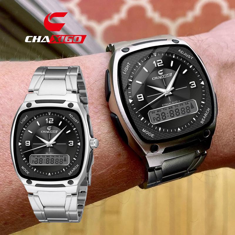 Đồng Hồ Bấm Giờ Nam, CHAXIGO, Hình Vuông Màu Bạc, Hiển Thị Kỹ Thuật Số Tương Tự Điện Tử, Đồng Hồ Báo Thức, Chống Nước, Phong Trào Thạch Anh, Dây Đeo Thép Dạ Quang Sang Trọng, Mặt Số Lớn, 6137-1