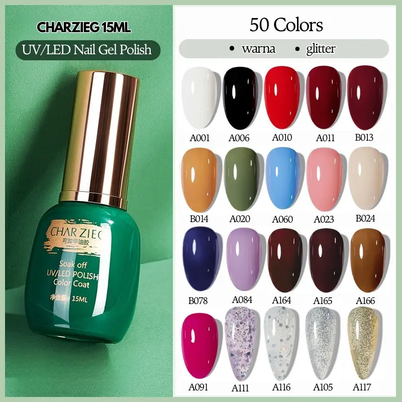 Kutek Gel CHARZIEG 50 Colour/ UV Led Soak Off Gel Polish Kutek Gel 15ml READY / Kutek Gel Glitter Nail Art