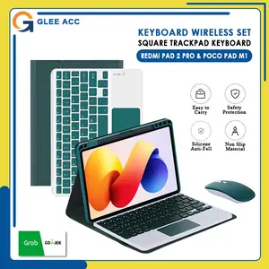 For Xiaomi Redmi Pad 2 Pro & Poco Pad M1 12.1 Inch 2025 Keyboard Touchpad Kotak Bluetooth Case Magnet with Mouse Hardcase Papan Ketik Square Pelindung Tablet TPU Leather Trackpad Flipcover Bookcover Hitam Standing Slim Flipcase Kokoh Printilan Magnetic