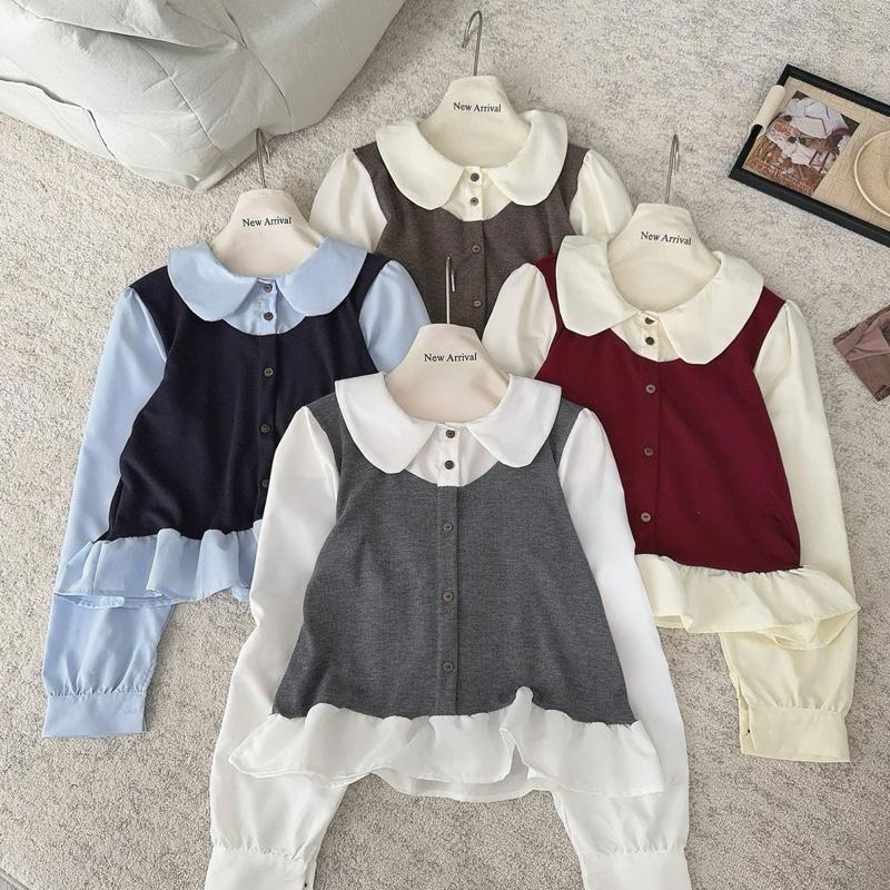  Áo sơ mi cổ sen phối len mỏng dáng babydoll dài tay H1   LƯU Ý màu đỏ dễ phai nên xả riêng với nước vài lần cho hết màu dư và vắt kiệt nước trước khi phơi   