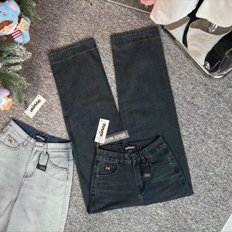 MINAE STUDIO Quần Jean Ống Suông Thêu Nơ Kim Loại Lai Bản To Vải Đẹp