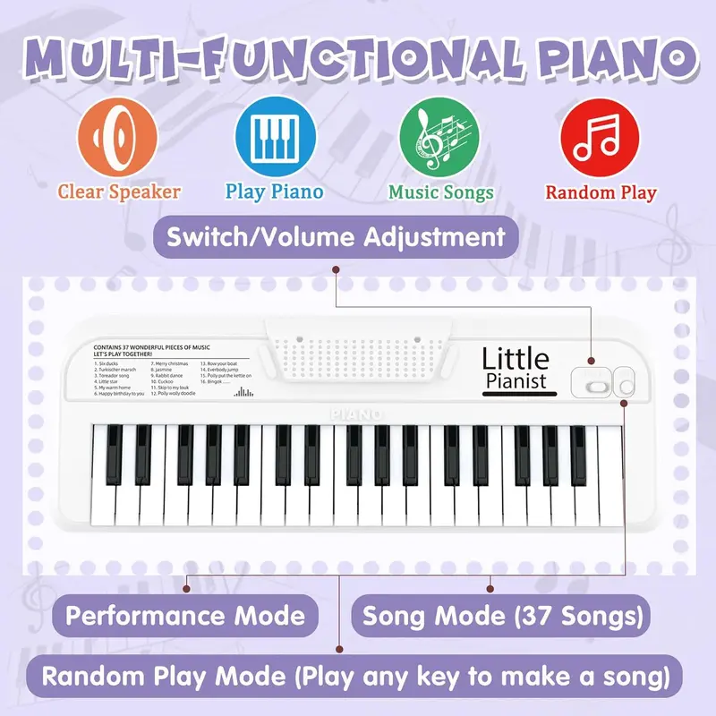 37 Keys Kids Piano Keyboard, Portable White Electronic Music Toy for Toddlers Ages 2-6, Educational Instrument with Songbook Stickers, Birthday Christmas Gifts for Boys Girls 6