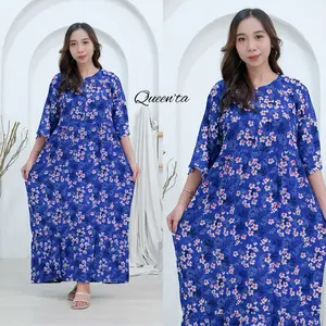 Daster Panjang AURELIA Lengan 3/4 | Rayon Premium Motif Bunga Sakura Busui Resleting Depan LD 110