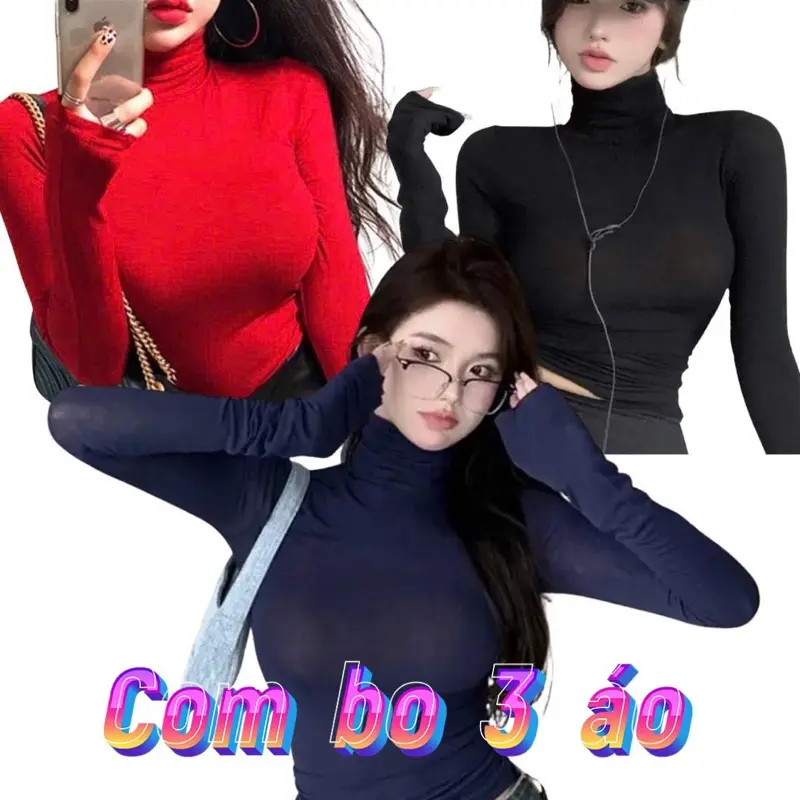 Combo 3 Áo Cổ Cao Tay Dài Ôm Body Thun đủ loại ,Cotton Lụa Mỏng Mềm Mịn Co Giãn 4 Chiều Thấm Hút Mồ Hôi Freesize 42-52kg 7 Màu Sang Trọng Cho Nàng Thoải Mái Vận Động - AL139