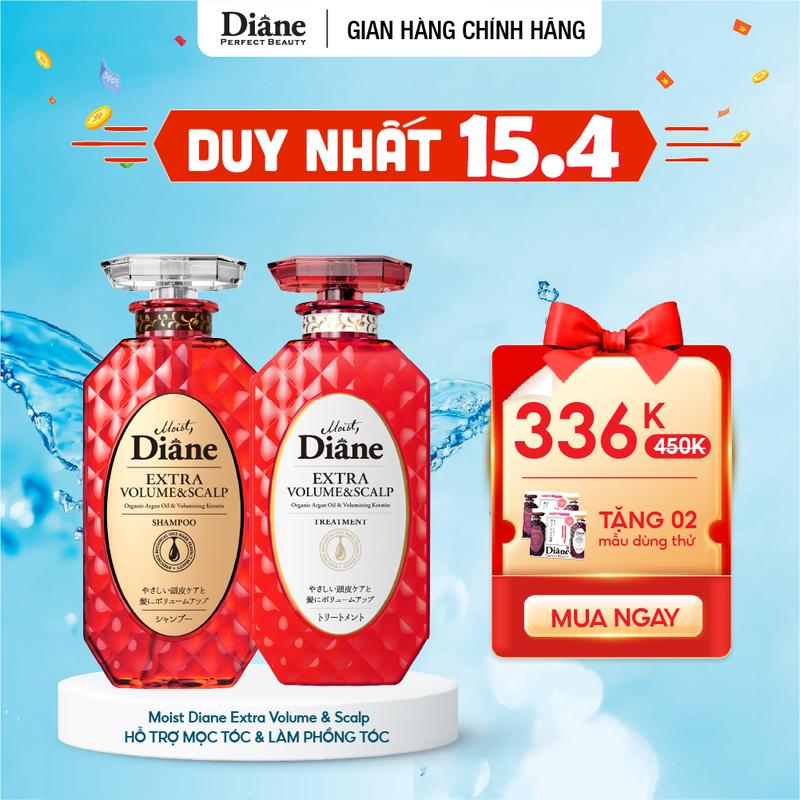 Combo dầu gội xả làm phồng tóc hỗ trợ mọc tóc phục hồi khô xơ chẻ ngọn Moist Diane Extra Volume & Scalp 450ml*2