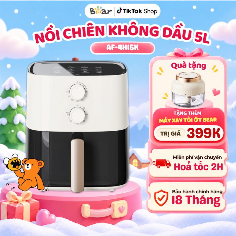 Nồi Chiên Không Dầu Bear AF-4H15K (QZG-J15M1), Dung Tích 5L, Công Suất 1500W, Công Nghệ Xoáy 4D, 2 Nút Điều Chỉnh Tiện Lợi, Nâng Cấp Khung Xoáy Khí 4D Không Cần Lật, Khay Nướng Dễ Vệ Sinh, Menu Gợi Ý 12 Món, Bảo Hành 18 Tháng