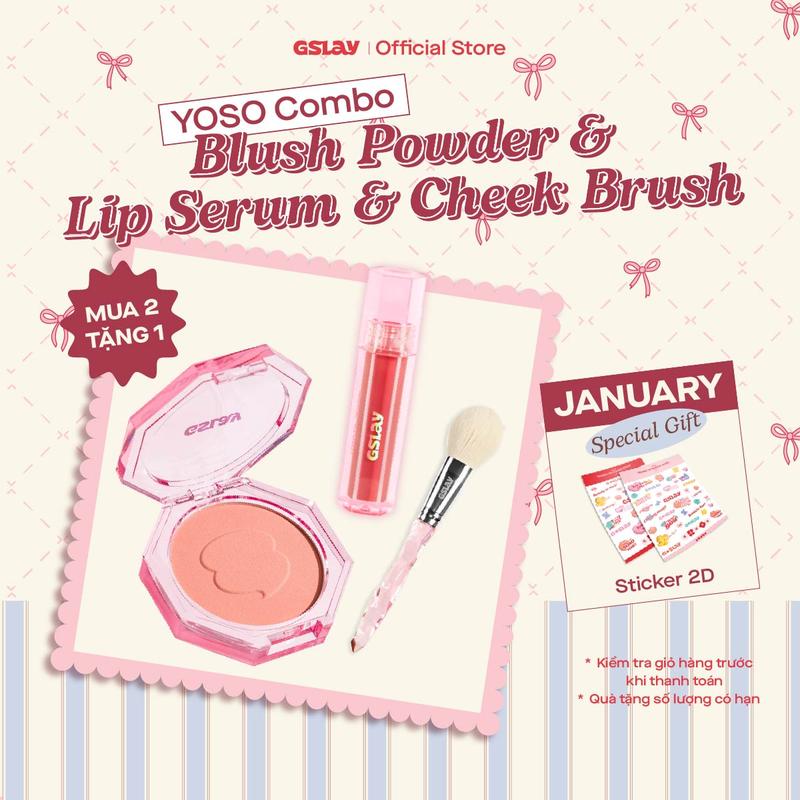  BESTIE COMBO GSLAY YOSO Phấn má hồng mịn lì lên chuẩn màu 5g Son dưỡng bóng có màu thuần chay dưỡng ẩm tái tạo môi 1ml và Cọ má hồng Cheek Brush lông cọ mềm mượt 