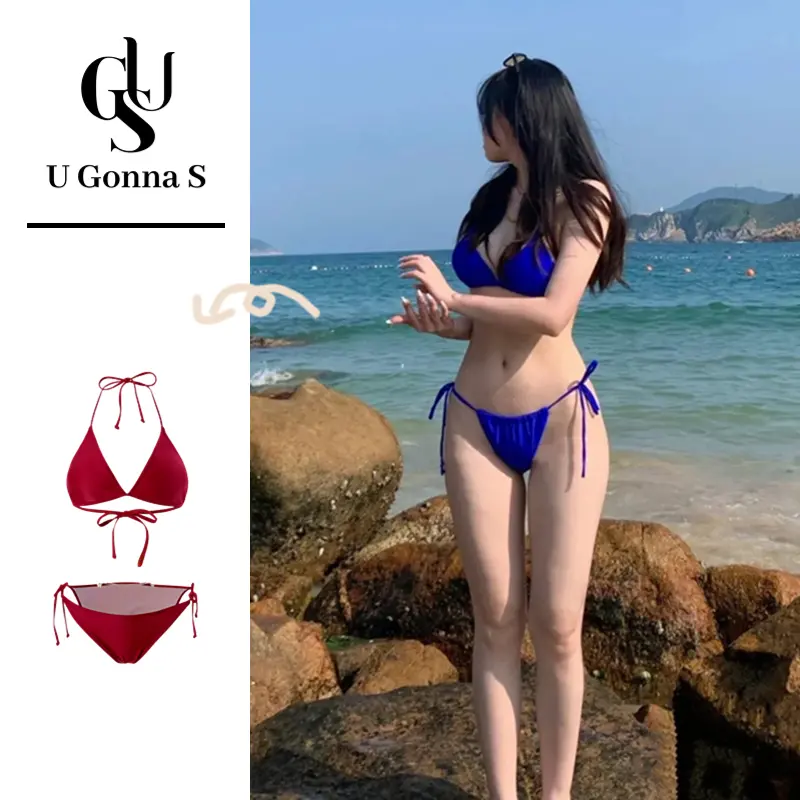 Bộ đồ bơi hai mảnh trang phục đi biển Áo Tắm Phụ Nữ Sexy Padding 2 Mảnh 2024 phong cách mới v-Cổ Halter Không Tay đen xanh dương Màu Hồng eo cao Dễ Thương Thời Trang Căng Ra 0