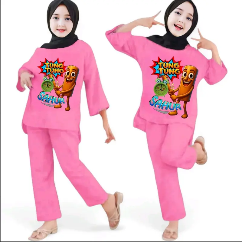 Stelan anak perempuan panjang stelan viral stelan anak sampai remaja motif viral animasi anomali tung-tung sahur  Usia 2-14 thn Denim Pink Ungu 8
