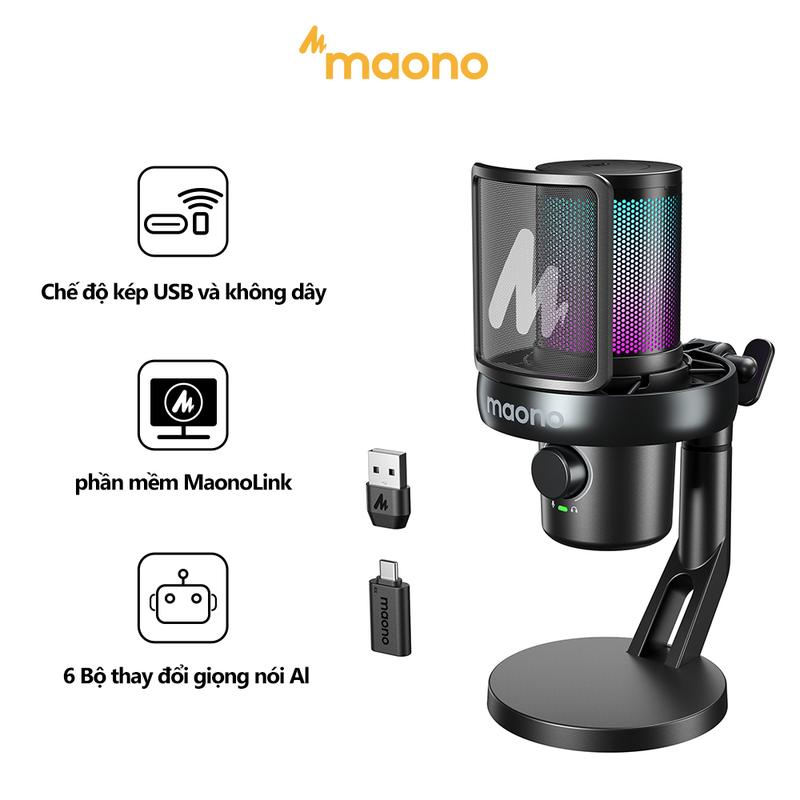 Micro không dây MAONO DM40 Micro khử tiếng ồn AI Mic chơi game RGB với phần mềm Tắt tiếng Giảm tiếng ồn Người thay đổi giọng nói AI Tương thích với PC Điện thoại Chơi game Phát sóng Trực Tiếp Podcasting