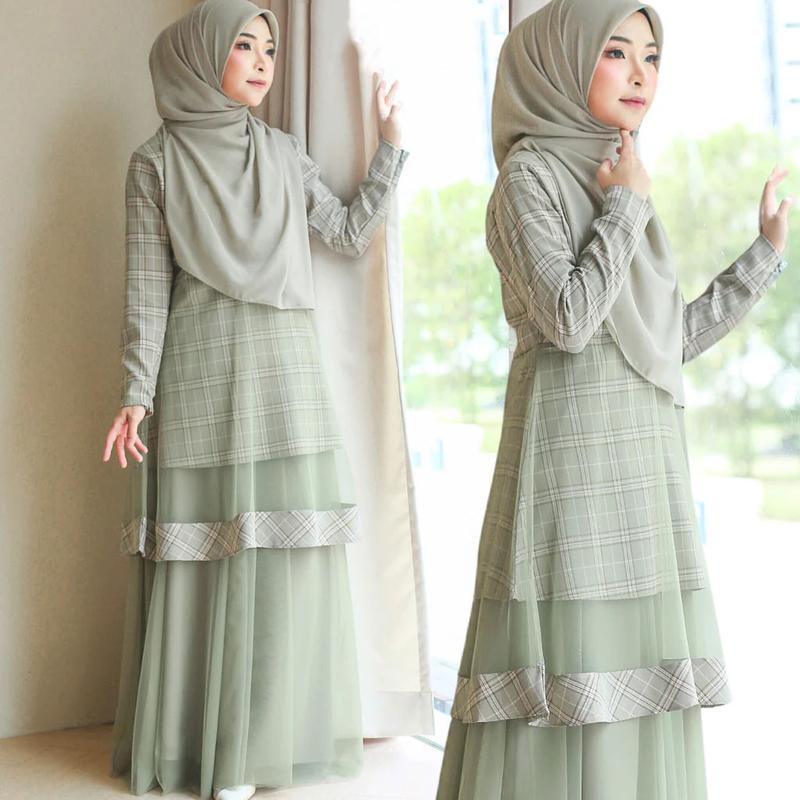 Product Introduction of Checkered Muslim 2 Layers Mesh Plaid Baju Kurung Baju Kebarung Fashion Modern 6