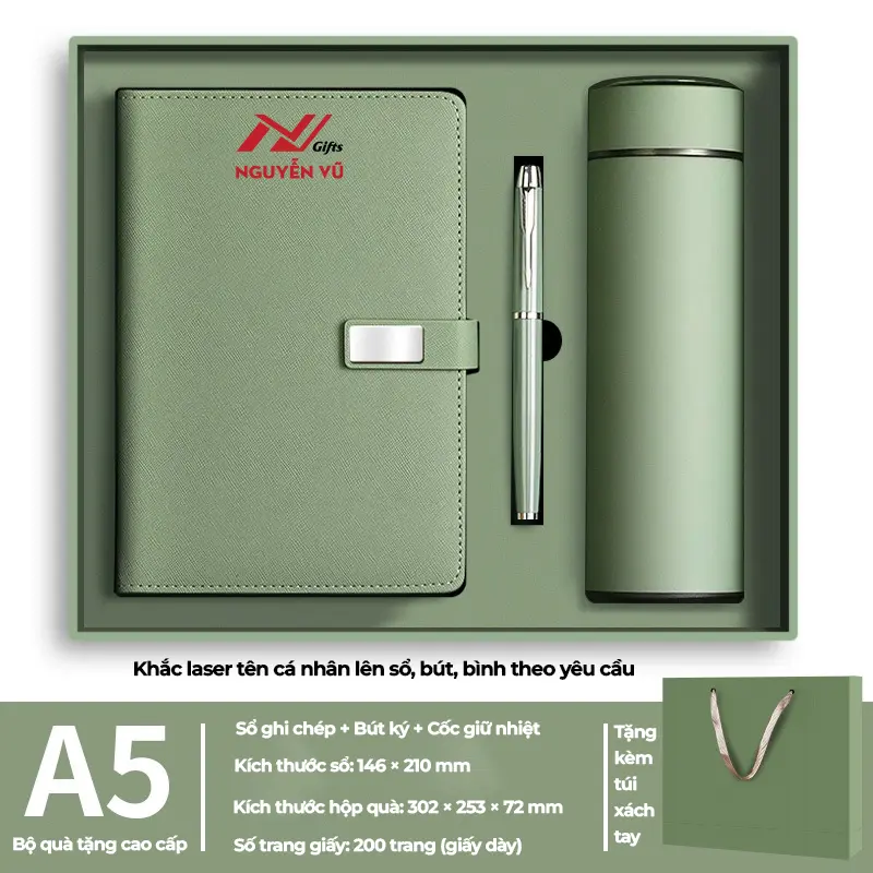 Bộ quà tặng A5 cao cấp – Sổ da + Bút ký + Bình giữ nhiệt | Khắc tên, khắc logo theo yêu cầu.
