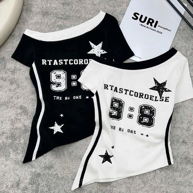 Áo thun lệch vai vạt xéo 9:8 phối viền tay ngắn