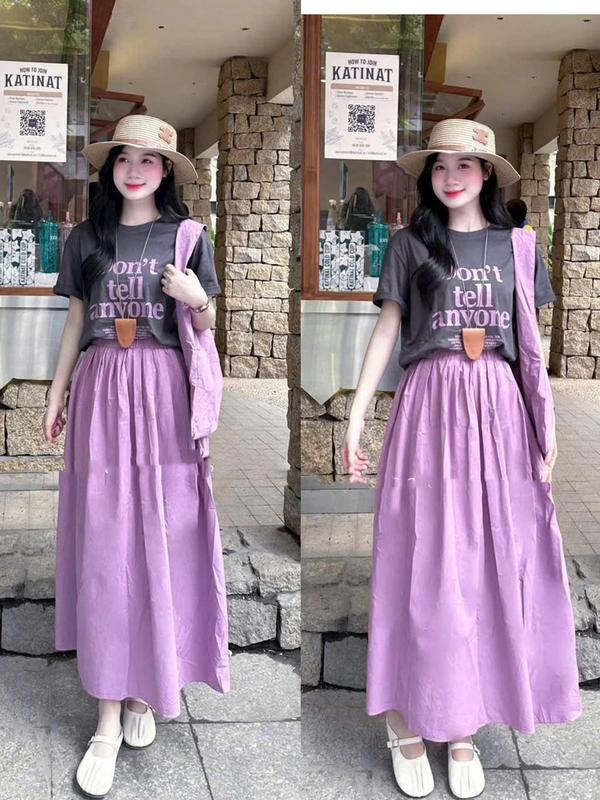 Sét áo thun cotton màu ghi phối chân váy xòe midi tím chất thô (tặng kèm túi ) đáng suông phong cách trẻ trung cho nữ đi chơi, đi du lịch 0