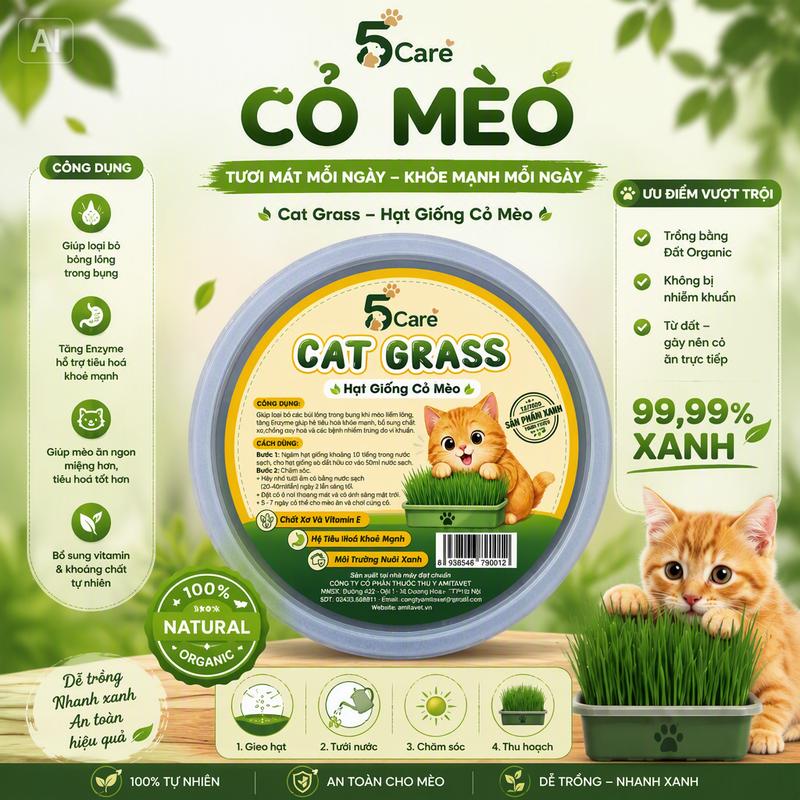 CỎ MÈO GIÚP TIÊU BÚI LÔNG CHO MÈO – HỖ TRỢ ĐÀO THẢI LÔNG NUỐT PHẢI, GIẢM BÚI LÔNG TRONG DẠ DÀY, GIÚP MÈO DỄ CHỊU HƠN - FIVE CARE