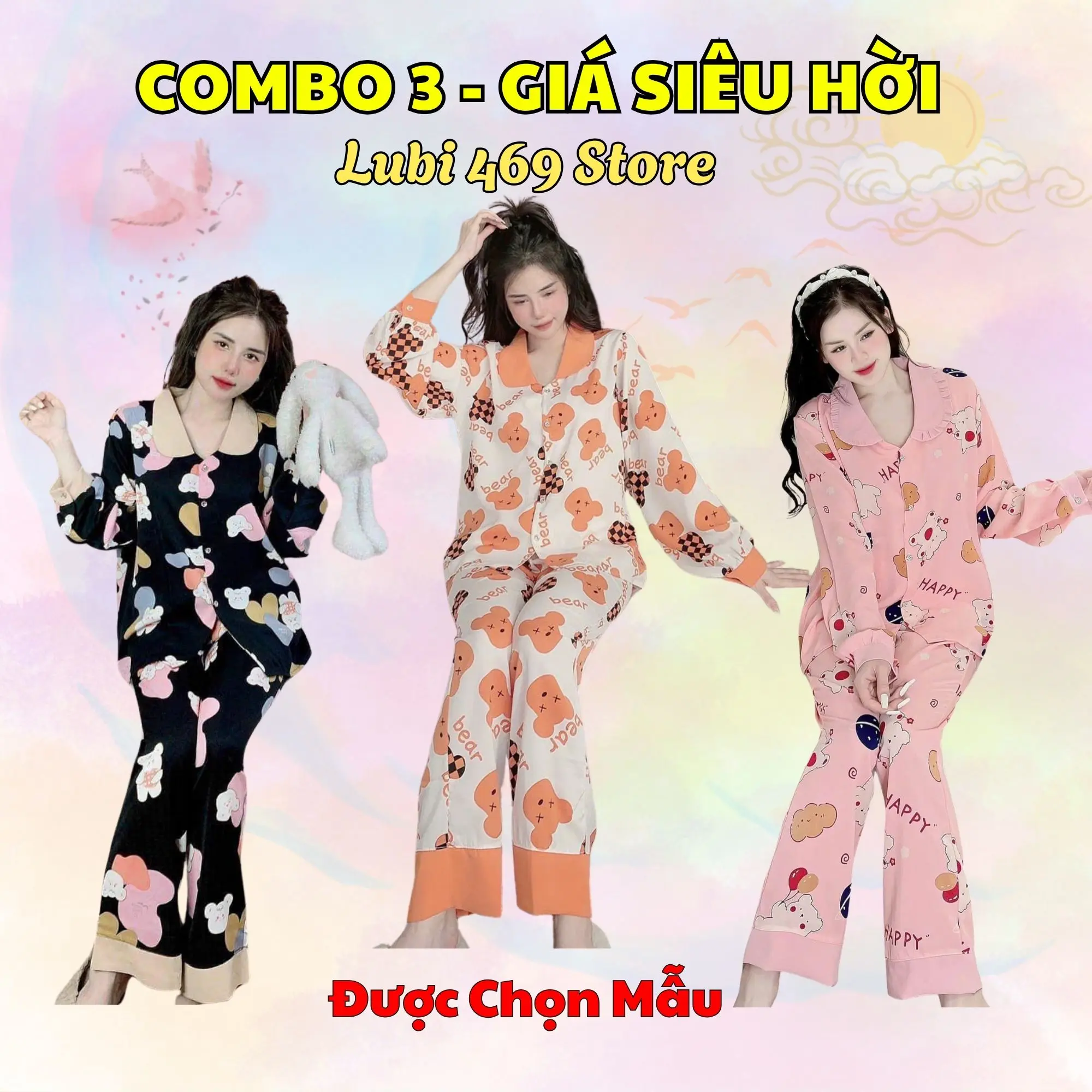 [COMBO 3 - GIÁ SIÊU HỜI] 3 Bộ Đồ Ngủ Pyjama Nữ Áo Dài - Quần Dài | Cổ Sen Phối Viền | Size  M/L (35-60kg, Cao Dưới 1m60) | Mặc Nhà - Đi Chơi - Chụp Ảnh