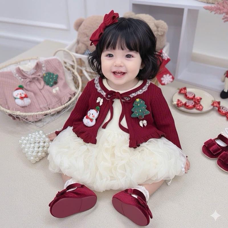 Set 2 món váy bí ren sóng kèm áo khoác len mềm thắt nơ cho bé 4-12kg . Set đầy tháng Giáng sinh dự tiệc cho bé gái