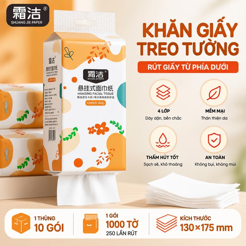 Thùng 10 Bịch Khăn Giấy Đáy Rút SHUANG JIE 4 Lớp, 1000 Tờ/Bịch 250 Lần Rút 130x175mm Mềm Mịn Thấm Hút Nhanh Tiện Lợi Cho Gia Đình Quán Cà Phê