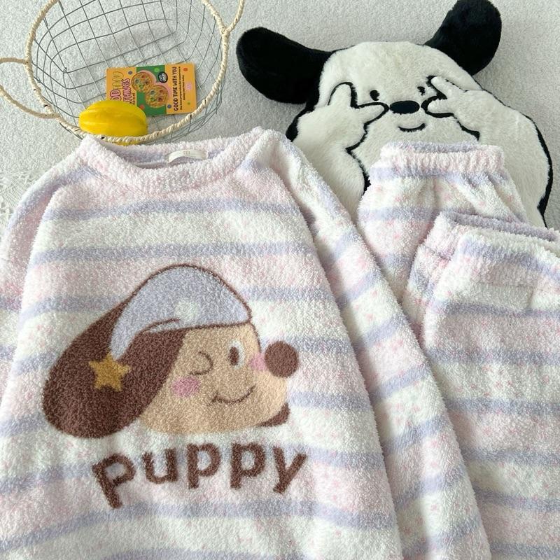 SET LÔNG CỔ TRÒN Bộ đồ ngủ lông cừu mịn mềm mại cổ tròn và họa tiết dễ thương cho nữ mùa đông S2025