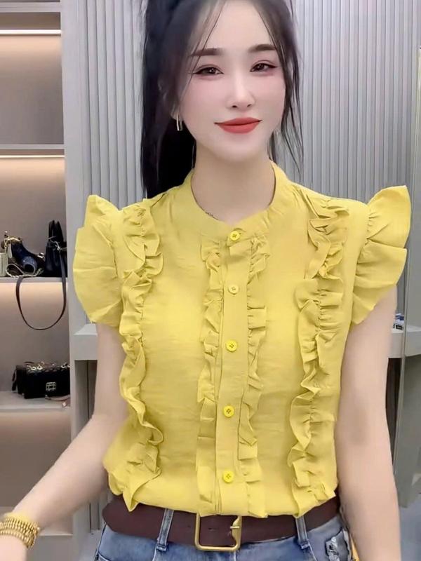 Áo sơ mi cổ tàu tay bèo sát nách ,thân áo  phối bèo đẹp cách điệu -sơ mi nữ kiểu mùa hè xinh dáng vừa dễ mặc