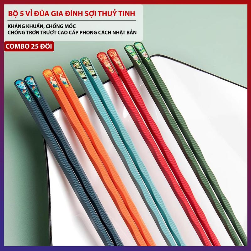 Bộ 5 Vỉ (25 Đôi) Đũa Gia Đình Sợi Thuỷ Tinh Kháng Khuẩn Chống Nước Chống Trơn Trượt Cao Cấp Phong Cách Nhật Bản