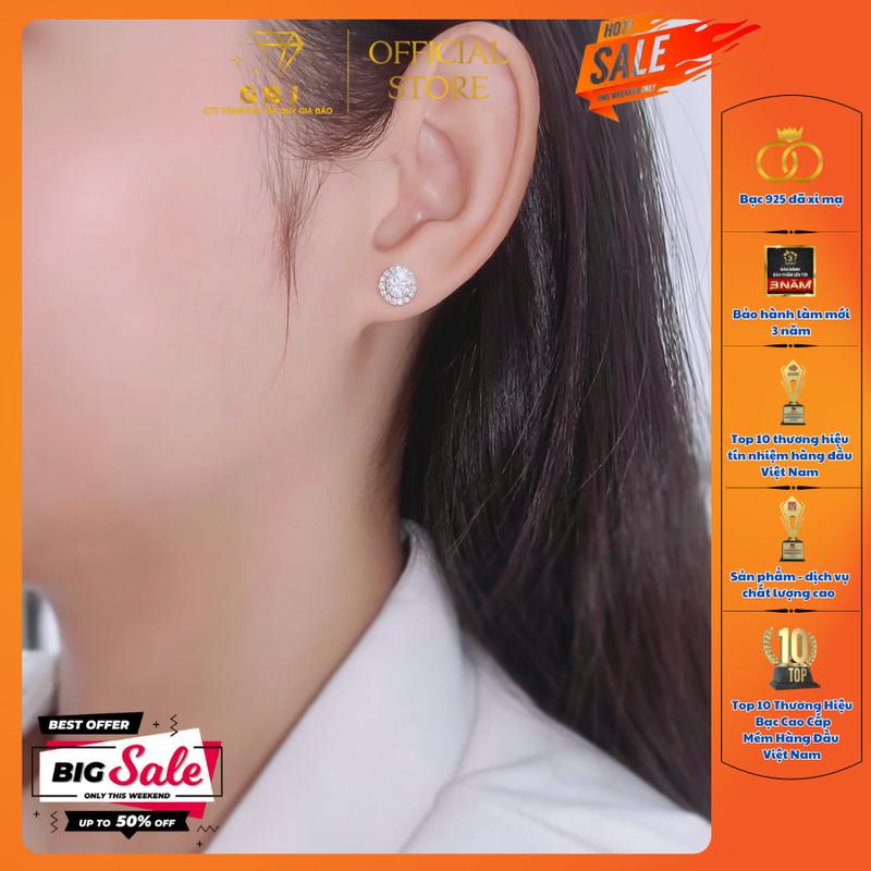 Live Hoa Tai Bạc Halo Hoa Tròn Viên Chủ CZ 5Li5 (chốt đẩy) XI KIM Sang Trọng Dành Cho Nữ GBJ1027