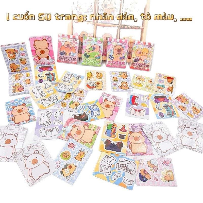 Sổ dán sticker mini 50 trang nhãn dán tô màu - chủ đề hoạt hình dễ thương Labubu Capybara Melody công chúa,... tặng kèm nhíp cho bé chơi sáng tạo