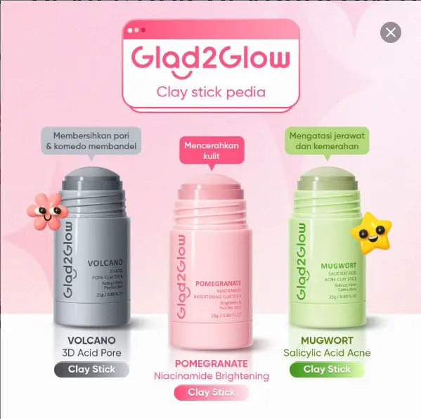 [READY STOK] Glad2Glow Masker - CLAY STICK GLAD2GLOW Pomegranate Brightening Clay Stick Mugwort Acne Clay Stick 25g Masker Stik g2g Pembersih Komedo Masker Jerawat