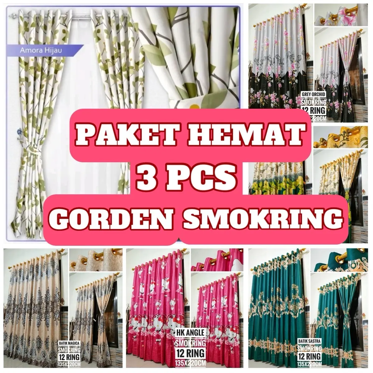 Paket Hemat 3 Pcs Gorden Smokring Jendela dan Pintu Minimalis Berkualitas - Bahan Katun Micro Disperse - Non Rumbai - Size 135x220 - Tali, Korden, Curtain