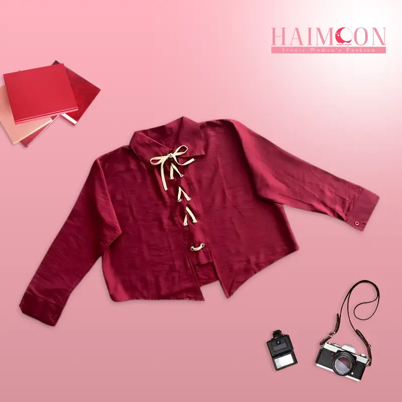 Atasan Wanita Blouse Tali Pita Turkish Linen Korean Style Warna Hitam,biru,moca Baju Kancing Katun Panjang 5