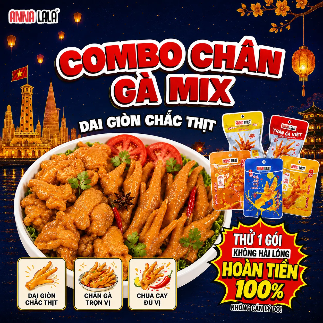 Combo chân gà cay, không cay hương vị Việt, CHUA CAY thơm ngon Annalala chân gà rút xương, chân gà không xương tự chọn