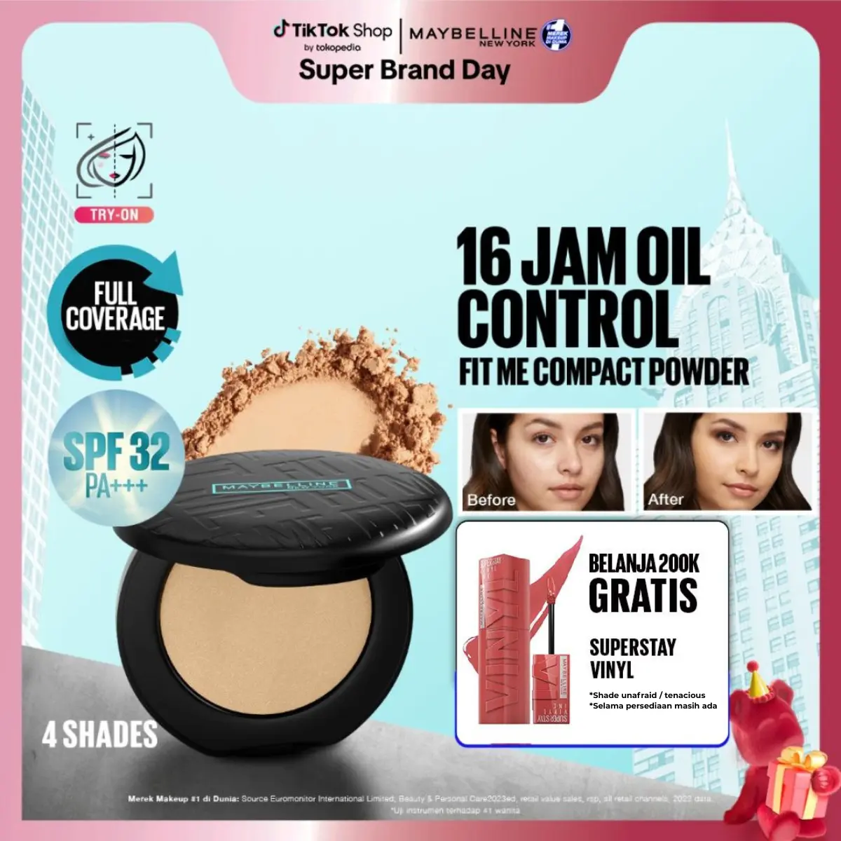 MAYBELLINE Fit Me Matte + Poreless 16 Jam Oil Control Compact Powder Make Up Bedak Padat bebas minyak tahan 16 Jam