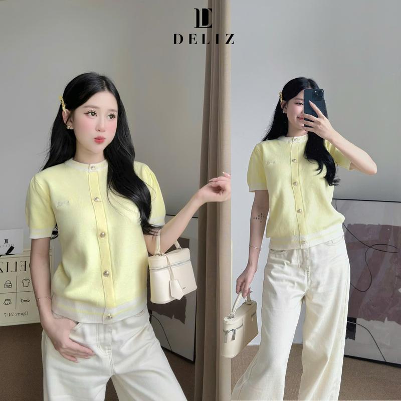  DELIZ - Áo len nữ cộc tay mùa hè phối cúc cổ tròn thêu nơ chất len lông thỏ DELIZ ALC05 